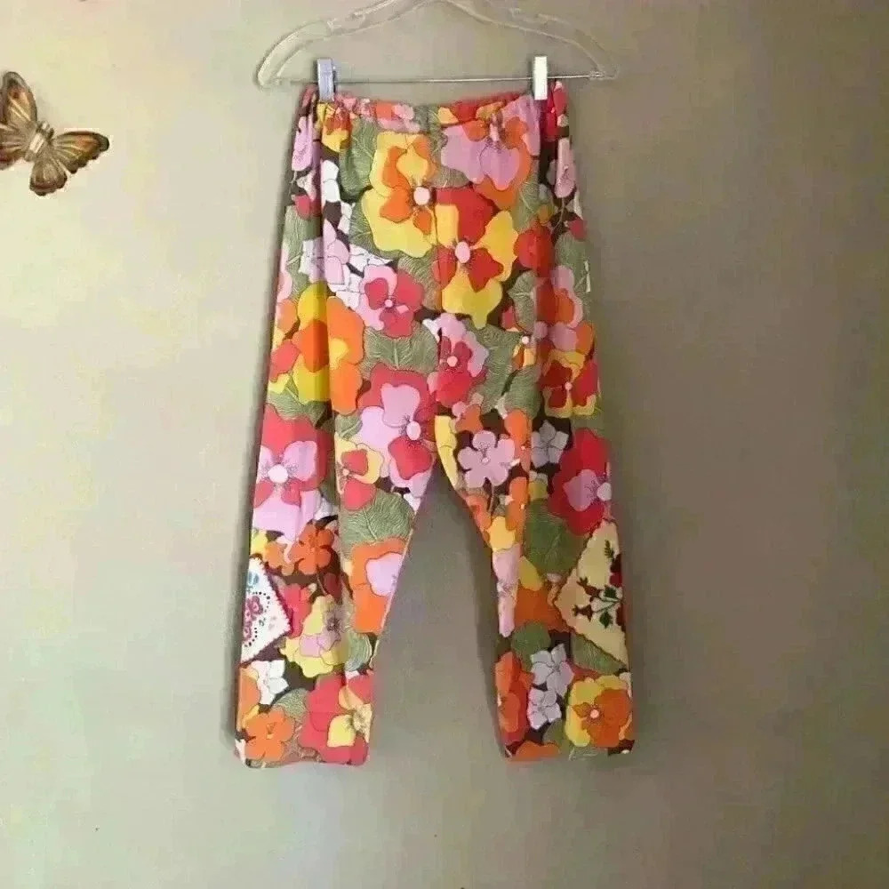Upcycled handmade lounge pants Aloha flowers orange hippie inspired